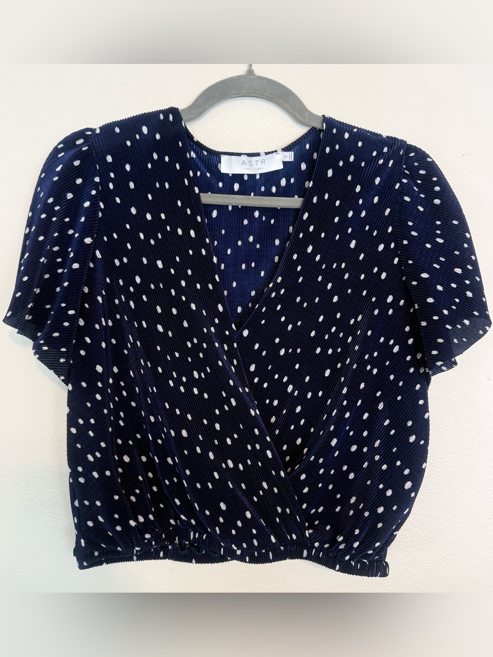 ASTR Navy Polka Dot Wrap Crop Blouse